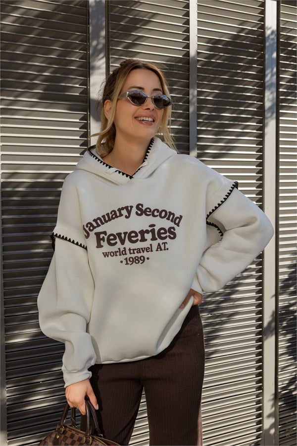 Kontrast Dikiş Baskılı Kapüşonlu Sweat - BEYAZ