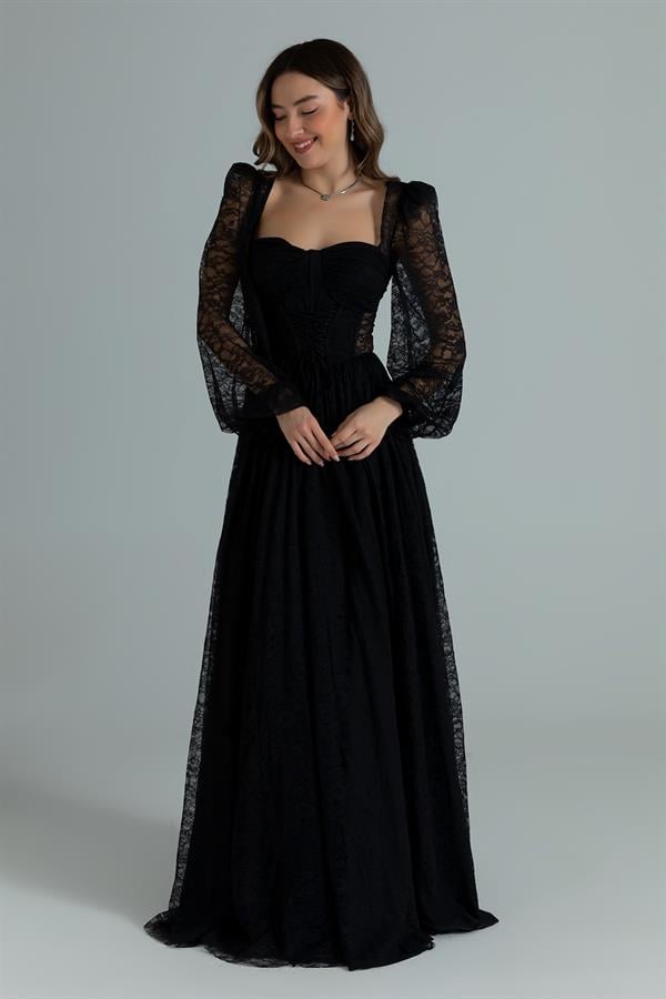 Korse Detay Dantelli Abiye - SİYAH