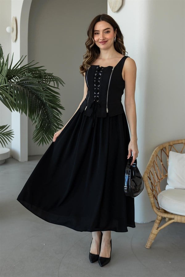 Korse Detaylı Elbise - SİYAH