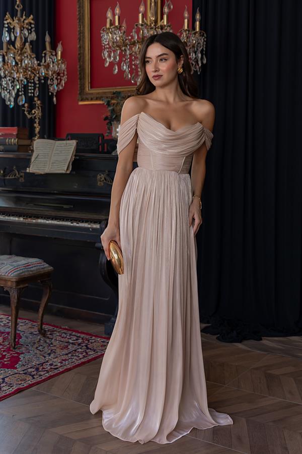 Krinkıl Pileli Saten Abiye - KREM