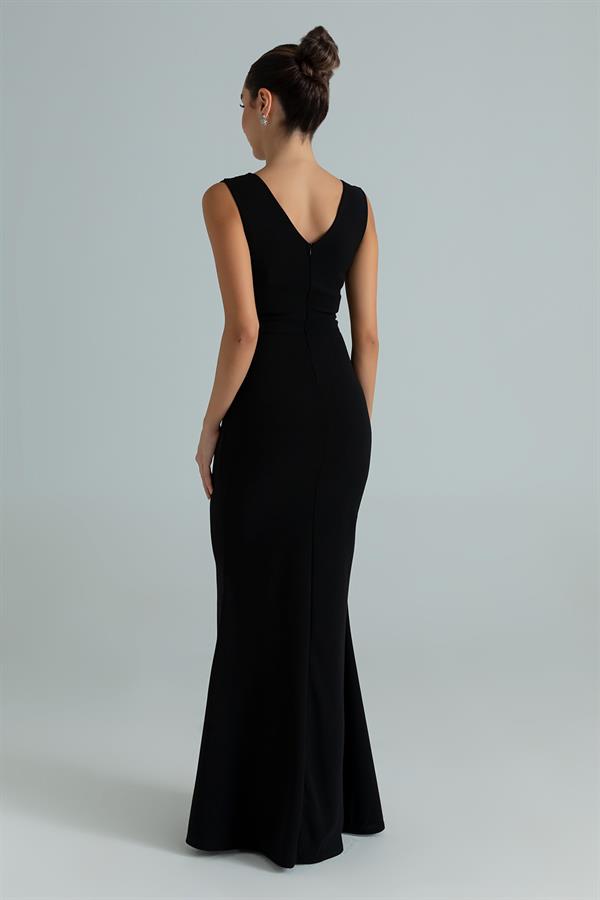 Kruvaze Yaka Balık Abiye - SİYAH