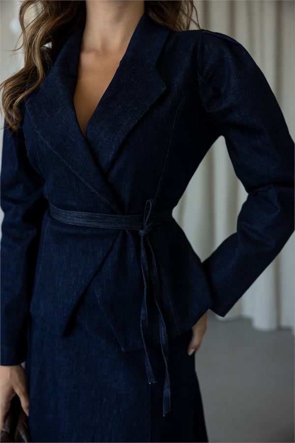 Kruvaze Yaka Denim Takım - LACİVERT