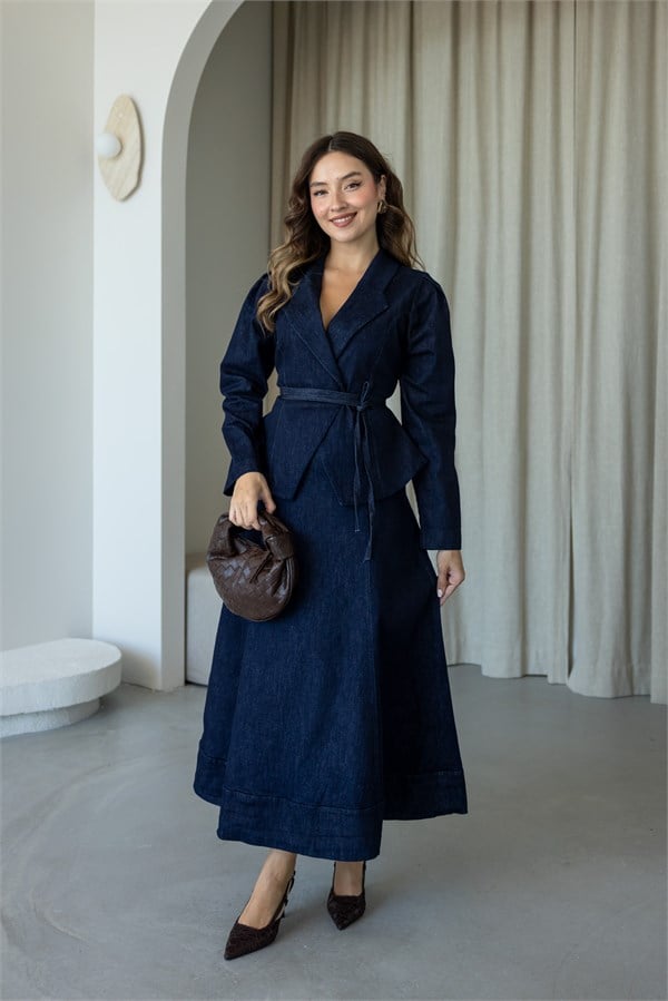 Kruvaze Yaka Denim Takım - LACİVERT