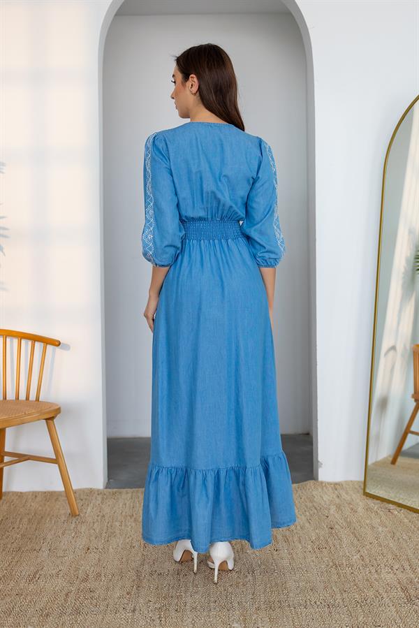 Kruvaze Yaka İşlemeli Elbise - MAVİ