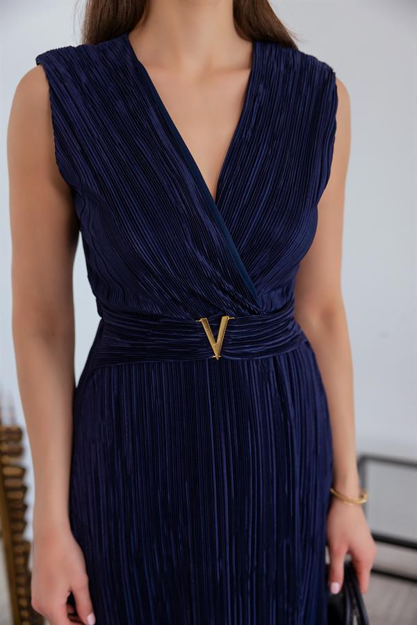 Kruvaze Yaka Krinkıl Elbise - LACİVERT