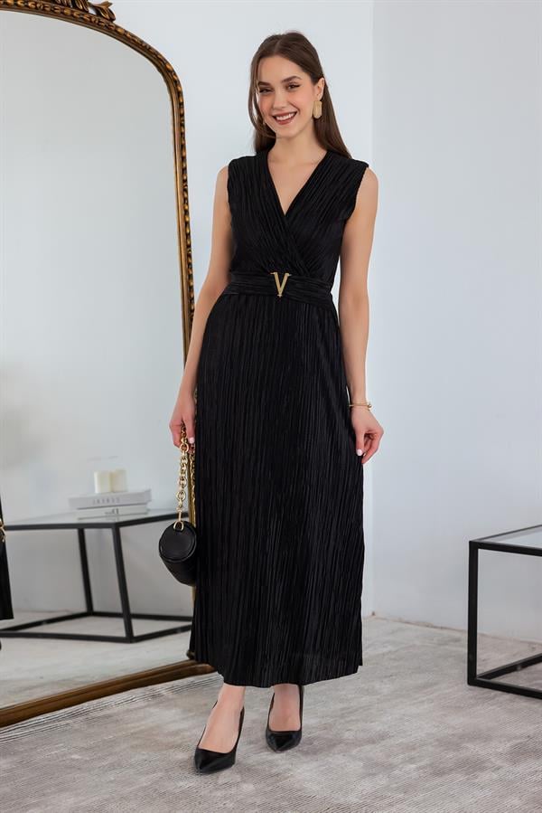 Kruvaze Yaka Krinkıl Elbise - SİYAH