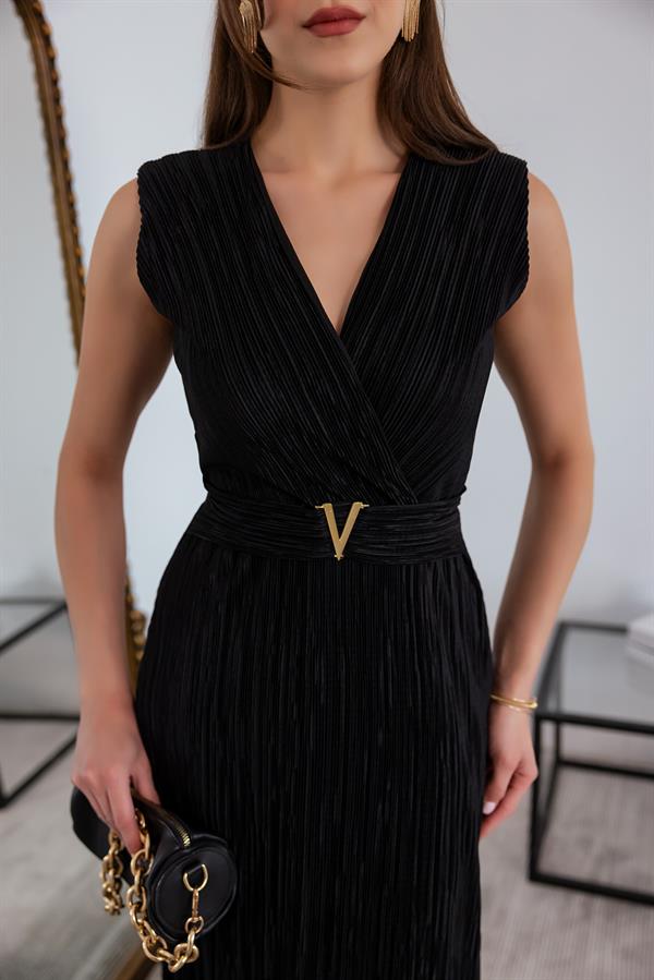 Kruvaze Yaka Krinkıl Elbise - SİYAH