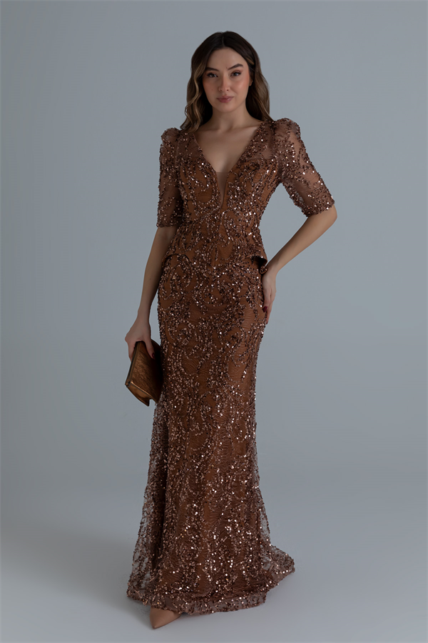 Kruvaze Yaka Payetli Balık Abiye - BRONZ