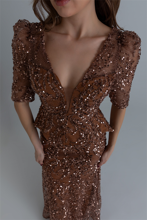 Kruvaze Yaka Payetli Balık Abiye - BRONZ