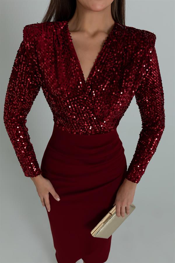 Kruvaze Yaka Payetli Elbise - BORDO