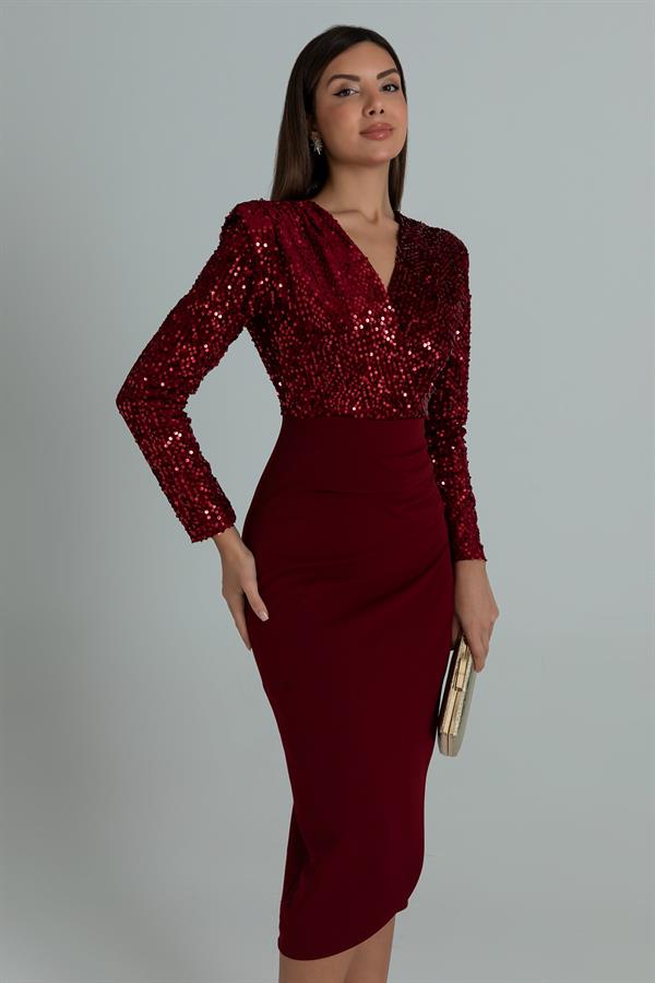 Kruvaze Yaka Payetli Elbise - BORDO