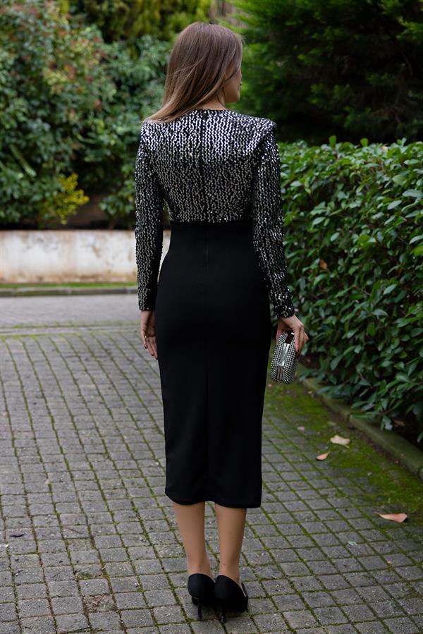 Kruvaze Yaka Payetli Elbise - GÜMÜŞ