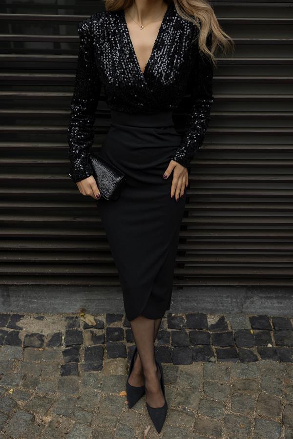 Wrap Neck Sequin Dress - Black
