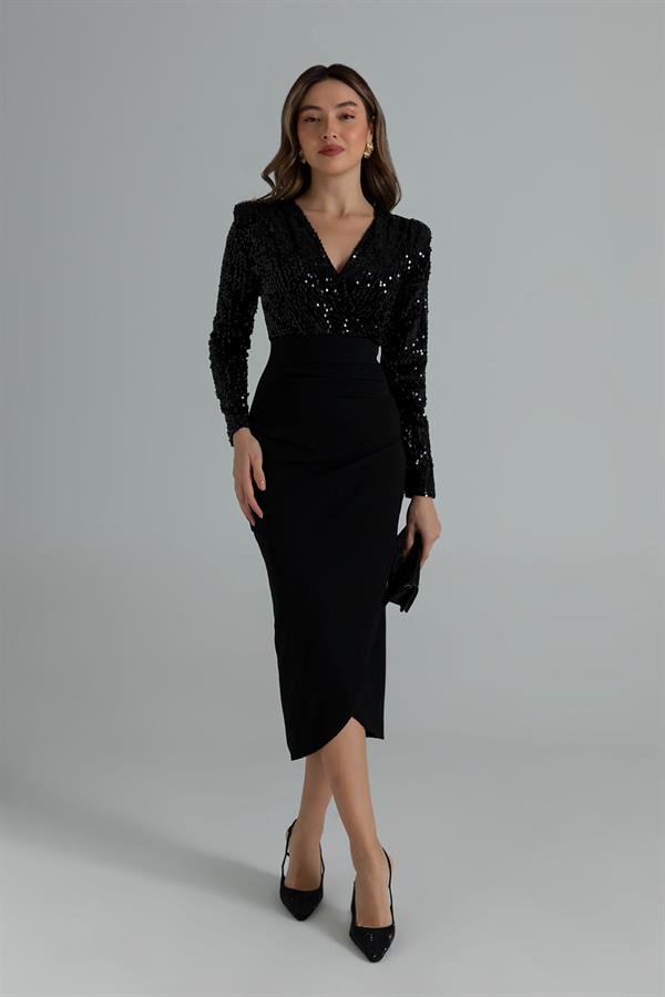 Wrap Neck Sequin Dress - Black