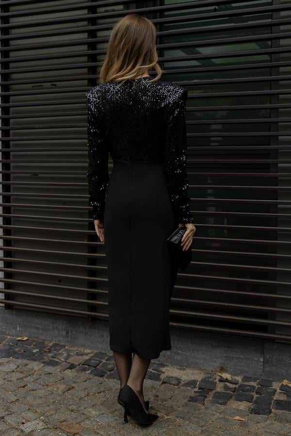 Wrap Neck Sequin Dress - Black