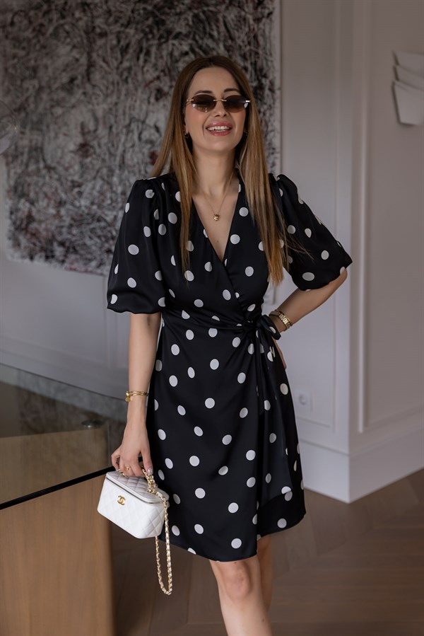 Kruvaze Yaka Puantiyeli Elbise - SİYAH