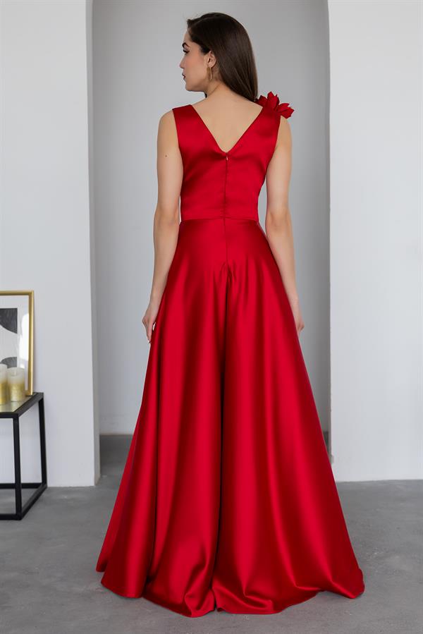 Wrap Neck Satin Gown - Red