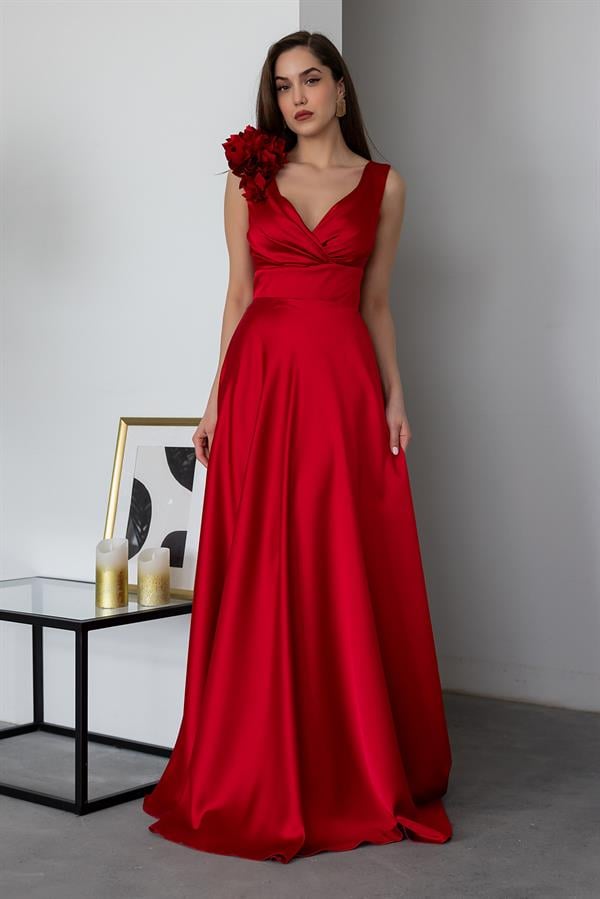 Wrap Neck Satin Gown - Red