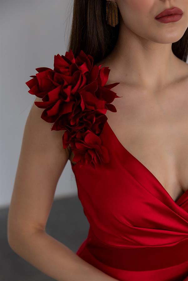 Wrap Neck Satin Gown - Red