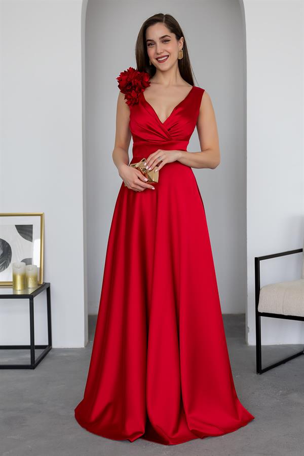 Wrap Neck Satin Gown - Red