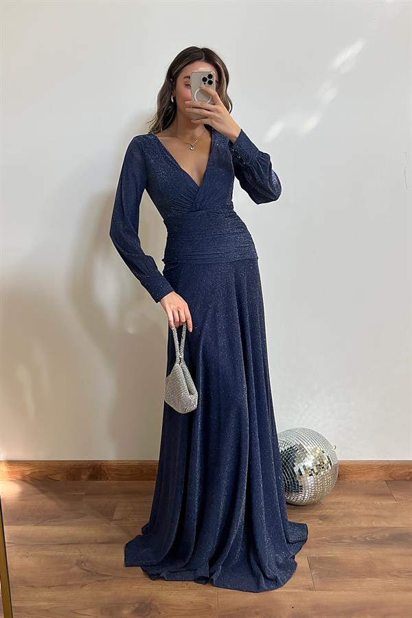 Kruvaze Yaka Simli Drapeli Abiye - LACİVERT