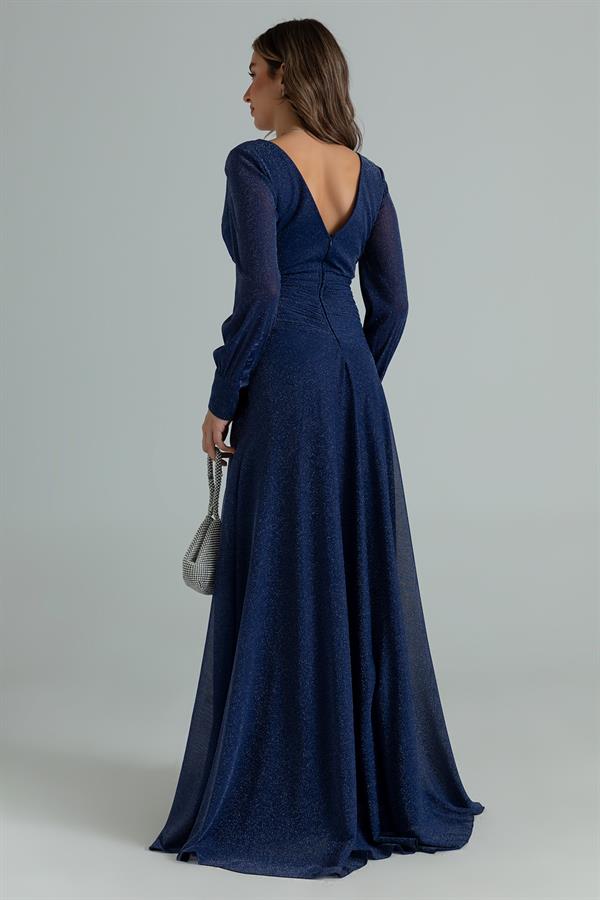 Kruvaze Yaka Simli Drapeli Abiye - LACİVERT