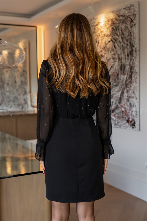 Kruvaze Yaka Taşlı Elbise - SİYAH