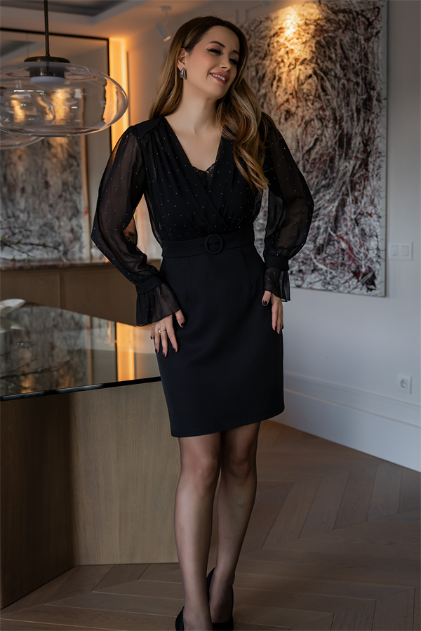 Kruvaze Yaka Taşlı Elbise - SİYAH