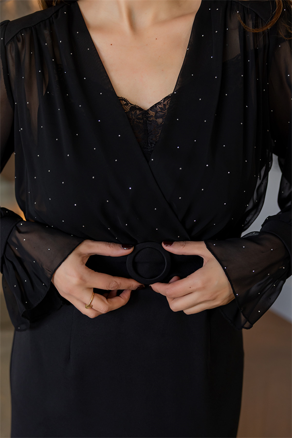 Kruvaze Yaka Taşlı Elbise - SİYAH