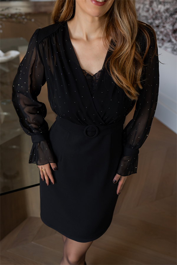 Kruvaze Yaka Taşlı Elbise - SİYAH