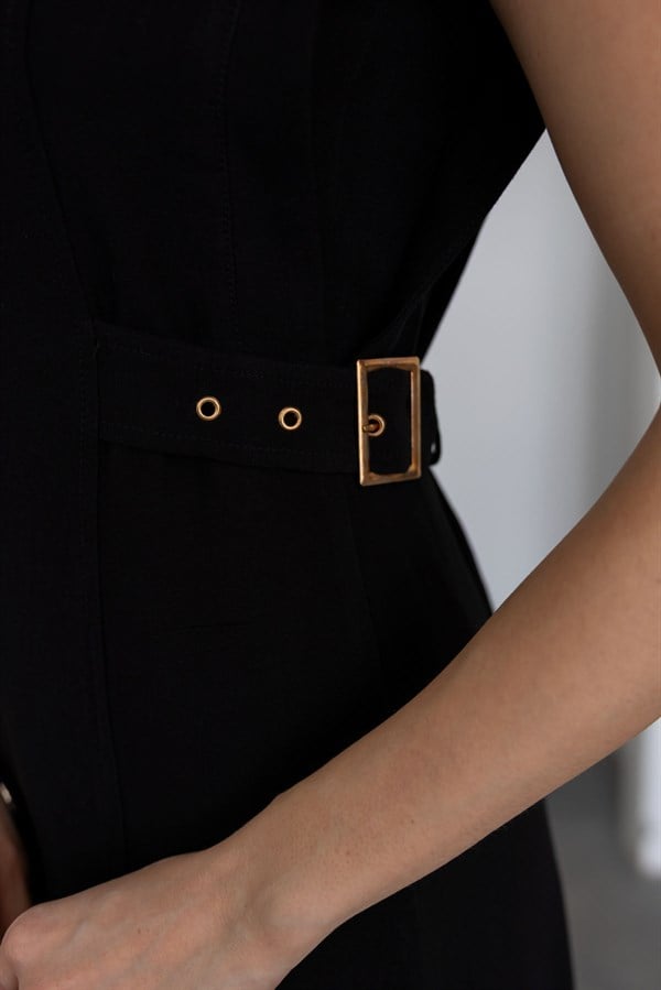 Kuşak Detay Gömlek Elbise - SİYAH