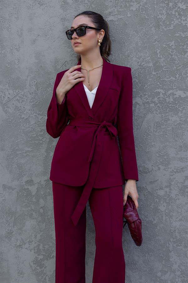 Kuşaklı Ceket Takım - BORDO