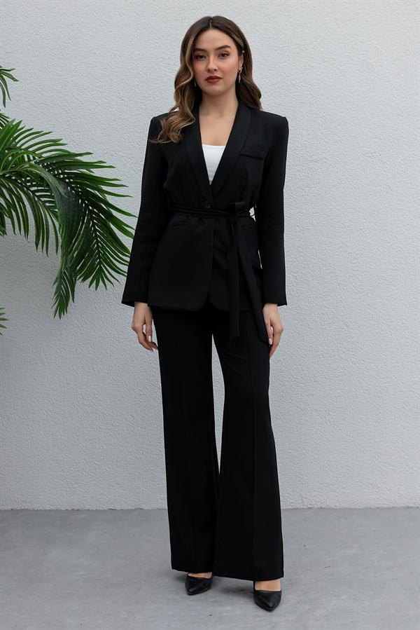 Kuşaklı Ceket Takım - SİYAH