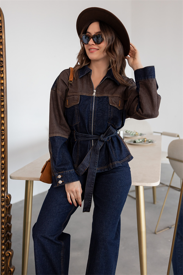 Kuşaklı Denim İkili Takım - LACİVERT