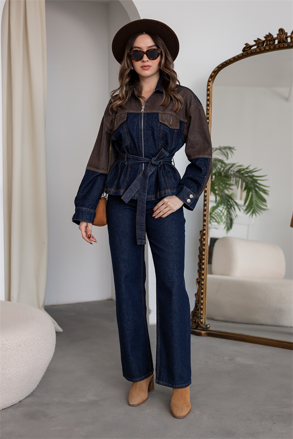 Kuşaklı Denim İkili Takım - LACİVERT