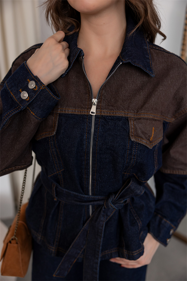 Kuşaklı Denim İkili Takım - LACİVERT