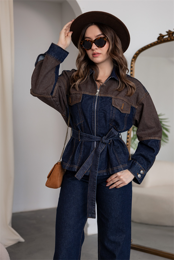 Kuşaklı Denim İkili Takım - LACİVERT