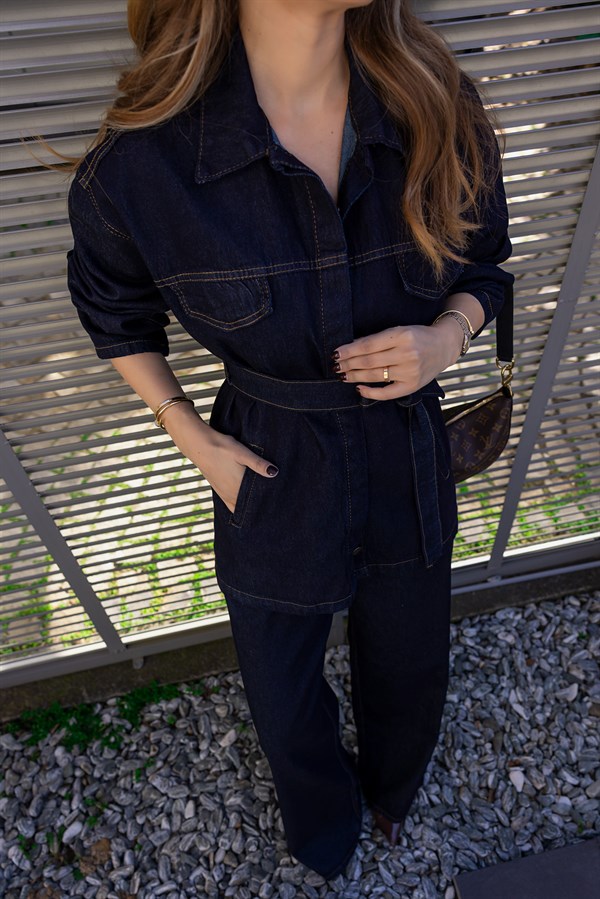 Kuşaklı Denim Takım - LACİVERT