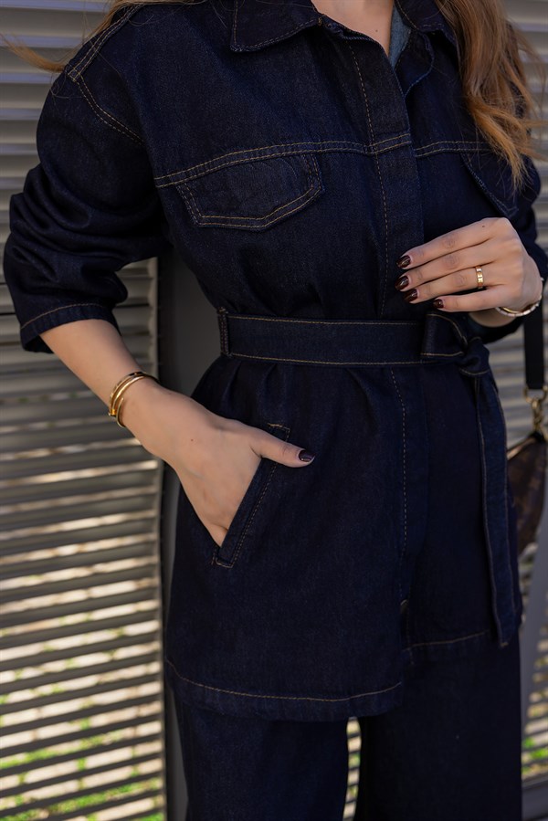 Kuşaklı Denim Takım - LACİVERT