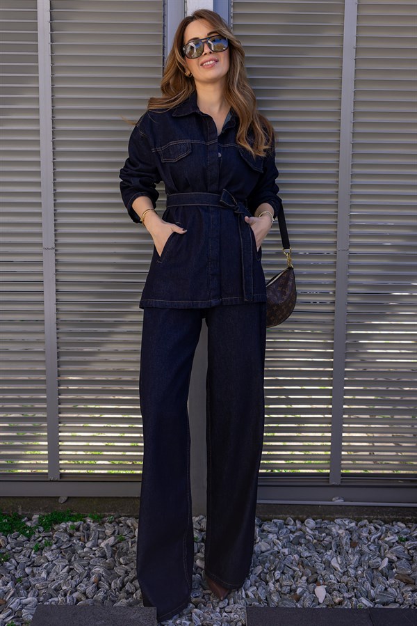 Kuşaklı Denim Takım - LACİVERT