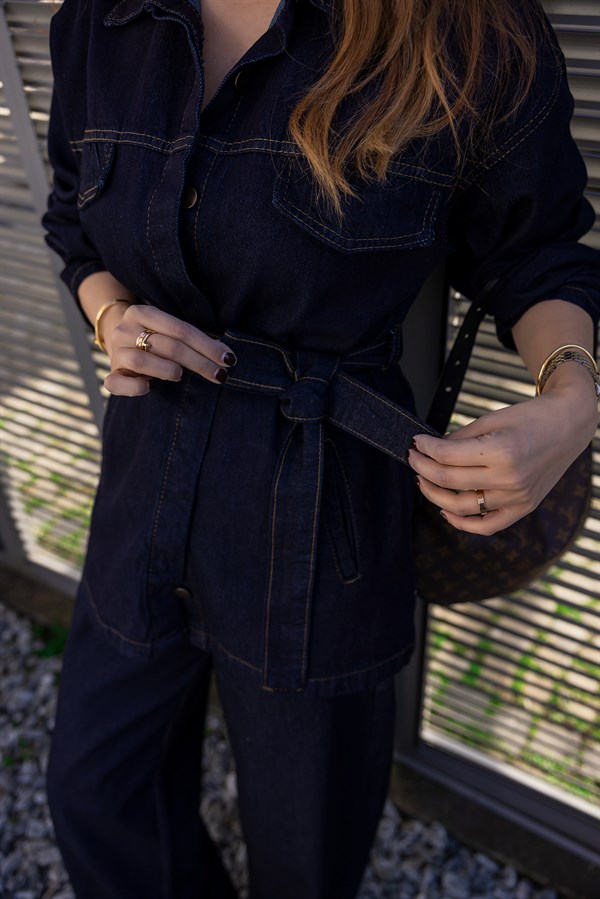 Kuşaklı Denim Takım - LACİVERT