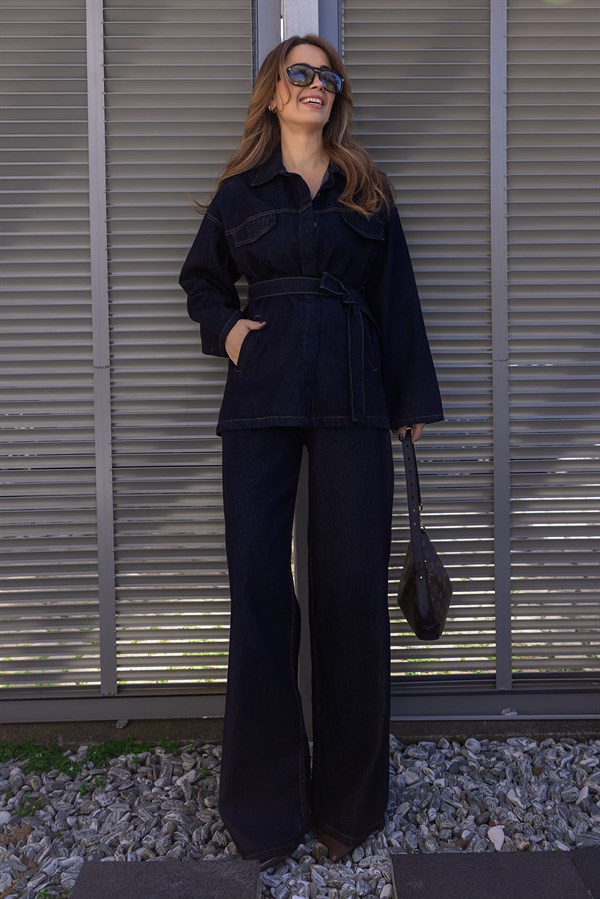 Kuşaklı Denim Takım - LACİVERT