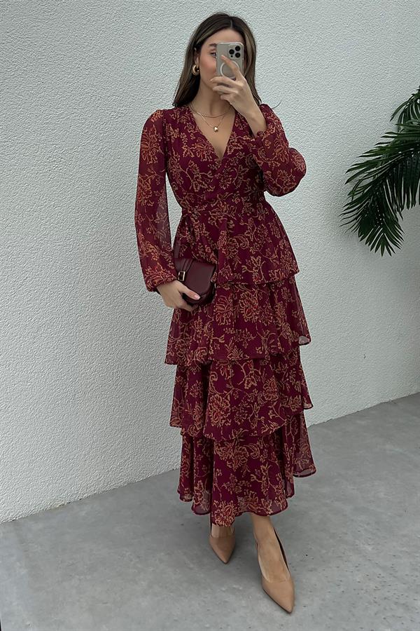 Kuşaklı Desenli Elbise - BORDO