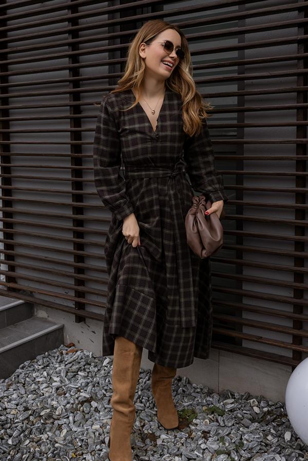 Kuşaklı Ekose Gömlek Elbise - KAHVERENGİ