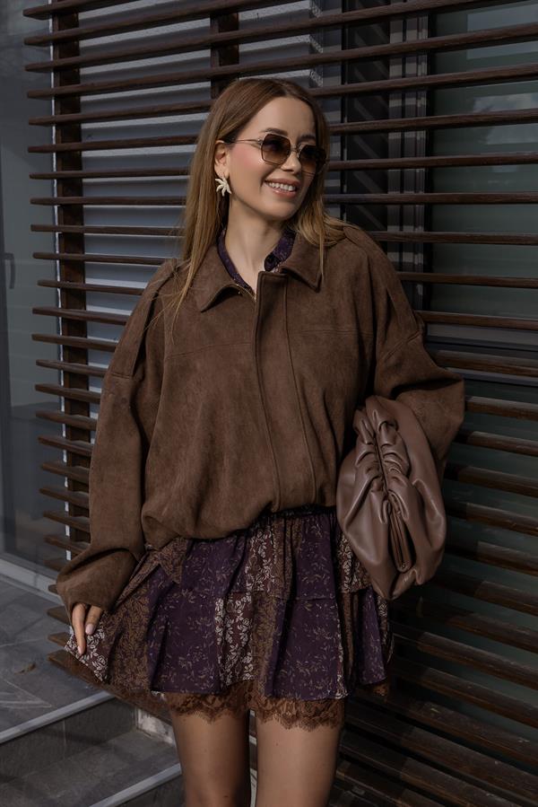 Kuşaklı Etnik Desen Şifon Elbise - KAHVERENGİ