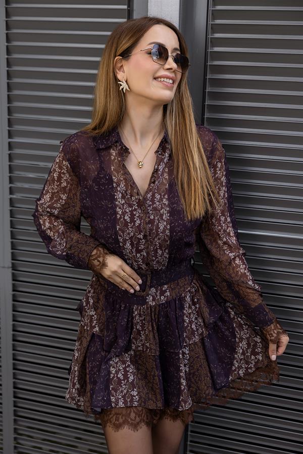 Kuşaklı Etnik Desen Şifon Elbise - KAHVERENGİ