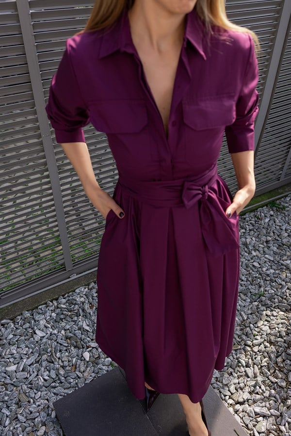 Kuşaklı Gömlek Elbise - MOR