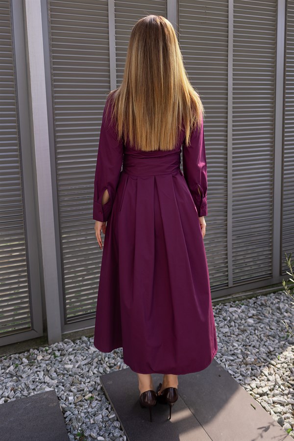 Kuşaklı Gömlek Elbise - MOR