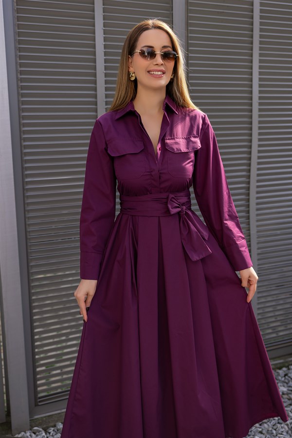 Kuşaklı Gömlek Elbise - MOR