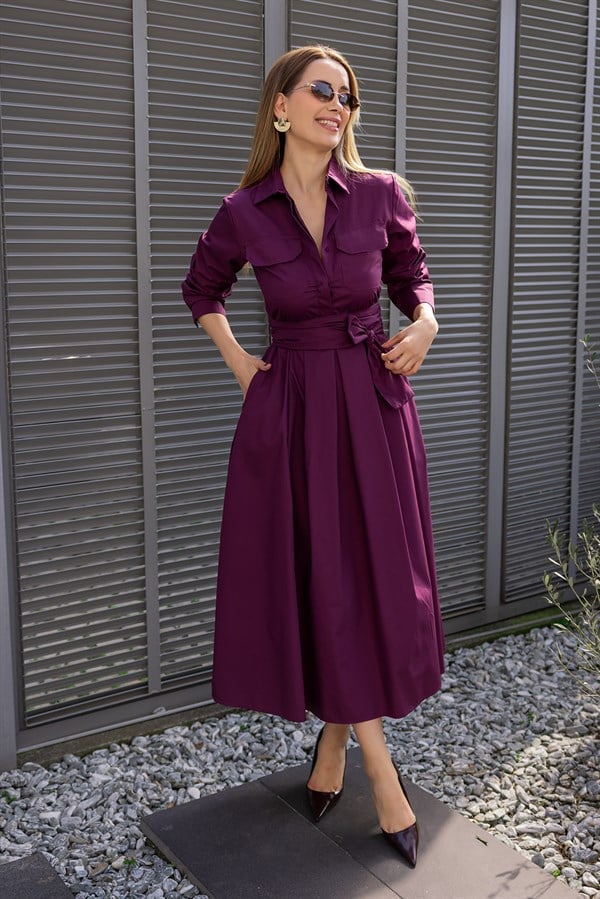 Kuşaklı Gömlek Elbise - MOR